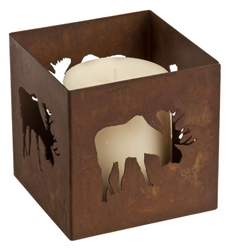 Decorative square rusted metal votive moose candle holder