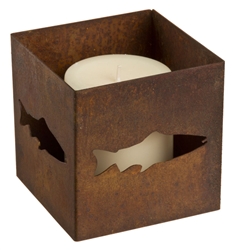 Square rusted metal fish pillar candle holder